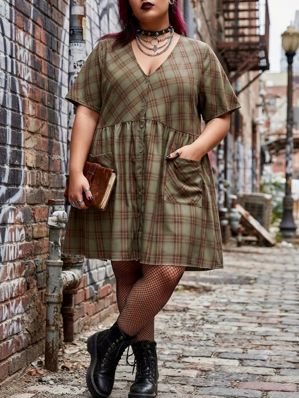 Dolls Kill by WIDOW Miserable Now Babydoll Dress Olive Plaid. Goth Alternative